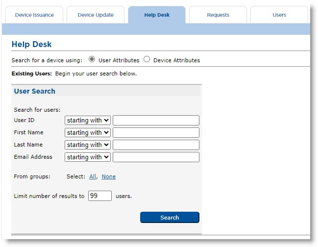 Help Desk tab of CMS Operator portal with User Attributes option selected as device search criterion and various User Search fields to be completed